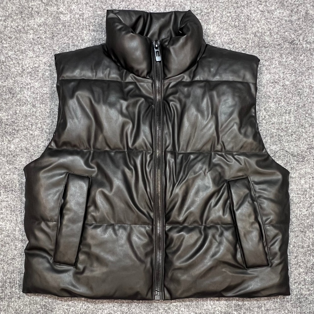 Zara Puffer Vest Womens XS Black Faux Leather Quilted Sleeveless Zip Up